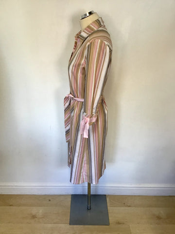 WHISTLES PINK,WHITE & BROWN STRIPE TIE WAIST SHIRT DRESS SIZE 14