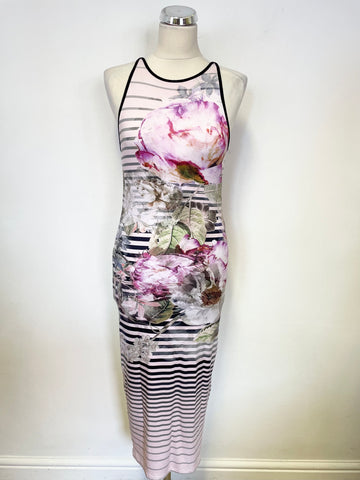 TED BAKER PINK FLORAL & STRIPED STRETCH JERSEY SLEEVELESS TANK MIDI DRESS SIZE 2 UK 10/12