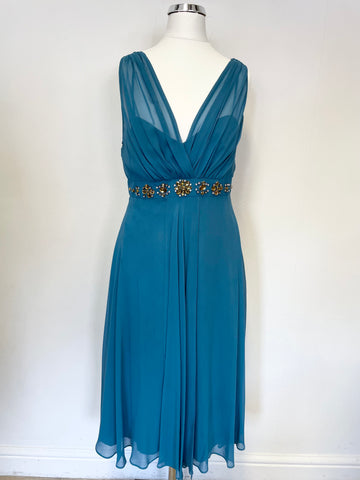 LK BENNETT TURQUOISE SILK JEWEL TRIM SLEEVELESS FIT & FLARE SPECIAL OCCASION DRESS SIZE 10