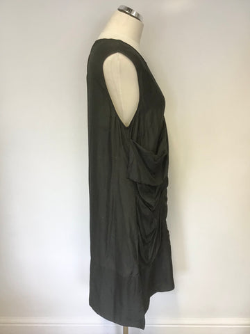 FREY CHARCOAL GREY SILK BLEND SLEEVELESS DRAPE POCKET FRONT SHIFT DRESS SIZE 16