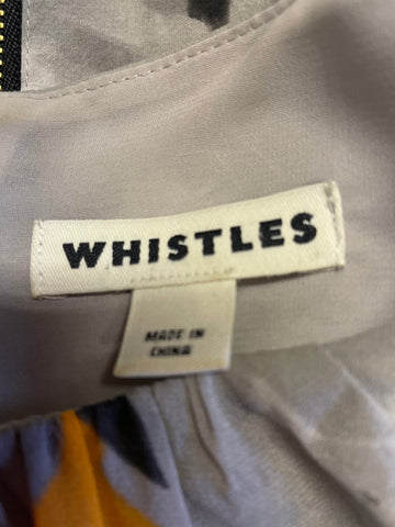 WHISTLES GREY,BLACK & ORANGE PRINT 3/4 SLEEVE SILK PENCIL DRESS SIZE 10