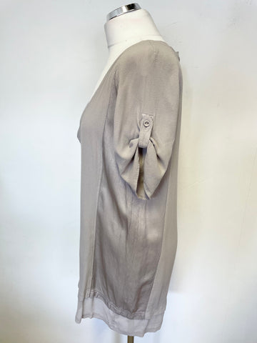 GHOST GREY V NECKLINE SATIN TRIMS SHORT SLEEVE TUNIC TOP SIZE 12