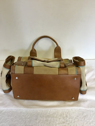 KAREN MILLEN TAN LEATHER & BEIGE,CREAM & TURQUOISE TRIM SUEDE HAND BAG