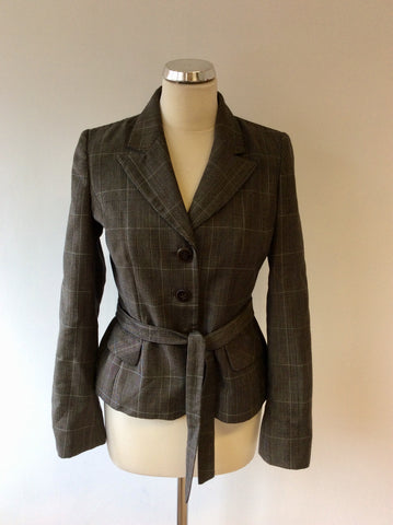 HOBBS BROWN WOOL CHECK BELTED JACKET SIZE 10