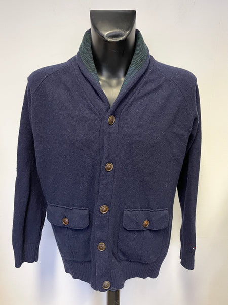 TOMMY HILFIGER NAVY BLUE & GREEN TARTAN TRIM COLLARED CARDIGAN  SIZE XXL