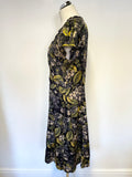 WHISTLES BLACK,GREEN & MUSTARD FLORAL PRINT SILK CAP SLEEVE TEA DRESS SIZE 16