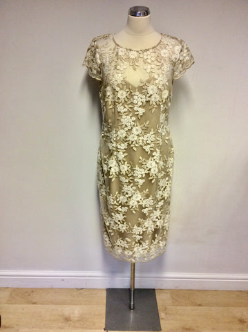 BRAND NEW GINA BACCONI GOLD & WHITE EMBROIDERED SPECIAL OCCASION DRESS SIZE 14