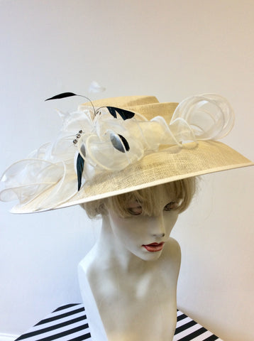 NIGEL RAYMENT IVORY & WHITE WITH BLACK FEATHER TRIM FORMAL HAT