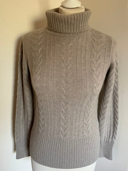 PURE COLLECTION OATMEAL BEIGE 100% CASHMERE CABLE KNIT POLO NECK JUMPER SIZE 8