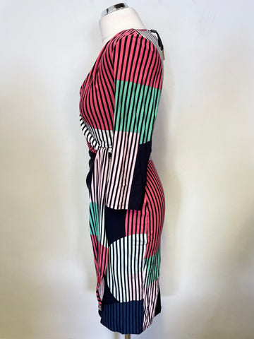 BRAND NEW PHASE EIGHT MULTICOLOURED STRIPE DESIGN STRETCH JERSEY WRAP DRESS SIZE 8