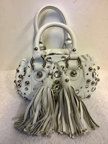 KAREN MILLEN WHITE LEATHER STUDDED TASSEL TRIM HAND BAG