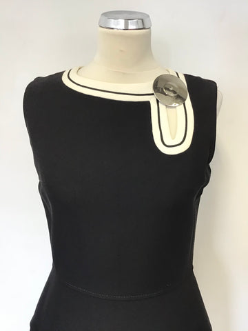 VINTAGE LOUIS FERAUD NAVY BLUE & WHITE TRIM FIT & FLARE DRESS SIZE 14 FIT UK 12