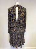 REISS LILIA NAVY BLUE & ORANGE FEATHER PRINT LONG SLEEVE FIT & FLARE DRESS SIZE 14