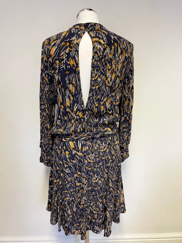 REISS LILIA NAVY BLUE & ORANGE FEATHER PRINT LONG SLEEVE FIT & FLARE DRESS SIZE 14