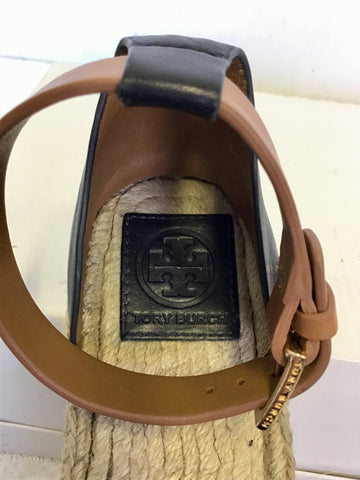 BRAND NEW TORY BURCH NAVY BLUE & TAN LEATHER ESPADRILLE FLAT SANDALS SIZE 5/38