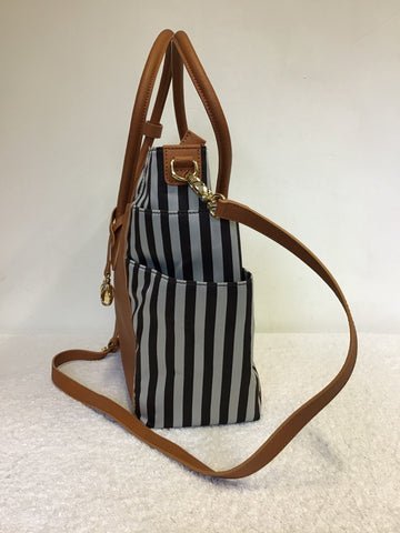 BRAND NEW RARE HENRI BENDEL MISS BENDEL TAN LEATHER & BROWN STRIPE BABY / TRAVEL BAG