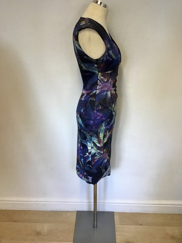 KAREN MILLEN BLACK & BLUE WITH FLORAL PRINT PENCIL DRESS SIZE 10