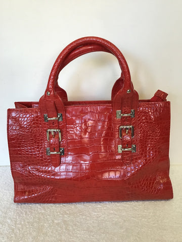 HOBBS RED LEATHER CROC DESIGN TOTE BAG