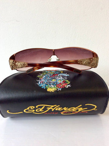 ED HARDY BROWN TORTOISESHELL EMBELISHED SIDE SUNGLASSES