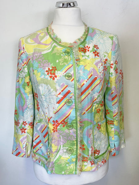 BETTY BARCLAY MULTI COLOURED FLORAL PRINT LINEN JACKET SIZE 16