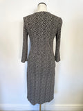 JAEGER BLACK & IVORY CHEVRON PRINT STRETCH V NECKLINE 3/4 SLEEVE PENCIL DRESS SIZE 8
