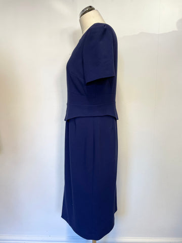 HOBBS BLUE SHORT SLEEVE PEPLUM TRIM PENCIL DRESS SIZE 14