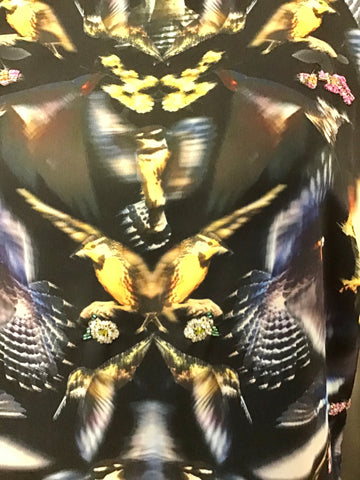 TED BAKER BLACK & MULTICOLOURED BIRD PRINT LONG SLEEVE SHIFT DRESS SIZE 1 UK 8/10