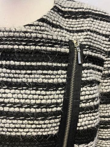 BRAND NEW M&CO BLACK, IVORY & METALLIC WEAVE STRIPE COLLARLESS ZIP FRONT JACKET SIZE 16