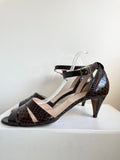 HOBBS DARK BROWN LEATHER SNAKESKIN PRINT OPEN TO ANKLE STRAP SANDALS SIZE 7/40