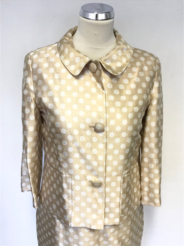 LK BENNETT GOLD & WHITE SPOT SILK BLEND SPECIAL OCCASION PENCIL DRESS & JACKET SIZE 10