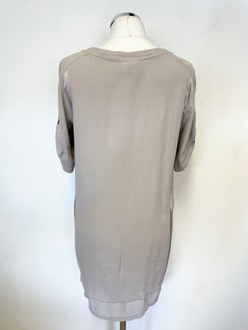 GHOST GREY V NECKLINE SATIN TRIMS SHORT SLEEVE TUNIC TOP SIZE 12