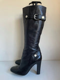 KAREN MILLEN BLACK LEATHER BUCKLE TRIM HEELED KNEE LENGTH BOOTS SIZE 5/38