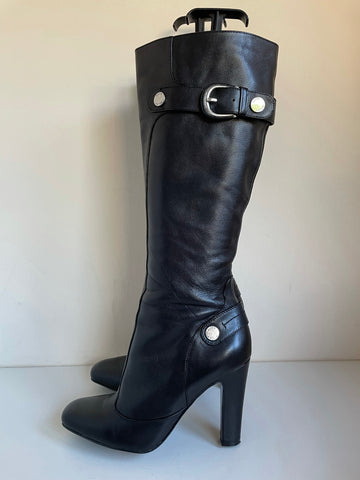 KAREN MILLEN BLACK LEATHER BUCKLE TRIM HEELED KNEE LENGTH BOOTS SIZE 5/38