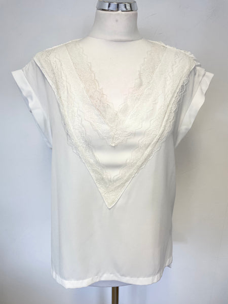 MAJE IVORY V NECKLINE LACE TRIMEED CAP SLEEVE TOP SIZE 1 UK 10