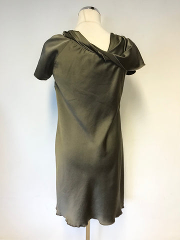 MAX MARA KHAKI SATIN TWIST & DRAPED NECKLINE SHIFT DRESS SIZE 10