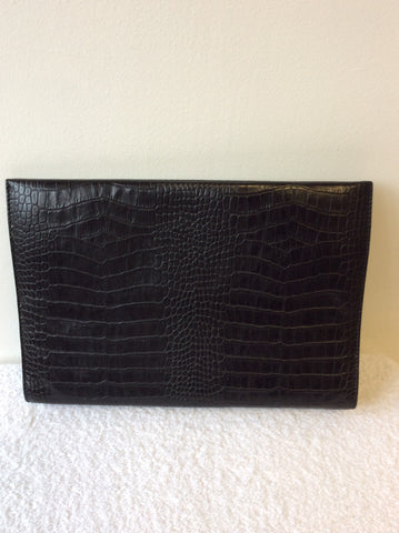 LARGE BLACK LEATHER CROC DESIGN CLUTCH BAG