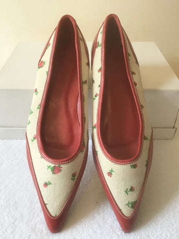 BRAND NEW LK BENNETT RED LEATHER & CREAM FLORAL CANVAS PRINT FLATS SIZE 3.5/ 36.5