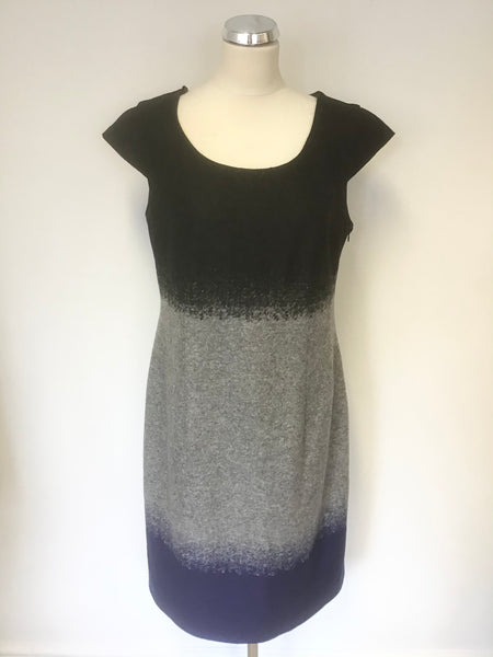 STEILMANN BLACK,GREY & BLUE WOOL BLEND CAP SLEEVE SHIFT DRESS SIZE 18