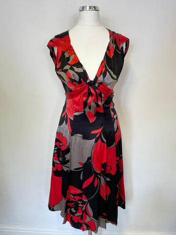 TED BAKER BLACK,GREY & RED FLORAL PRINT SILK SPECIAL OCCASION DRESS SIZE 2 Uk 10