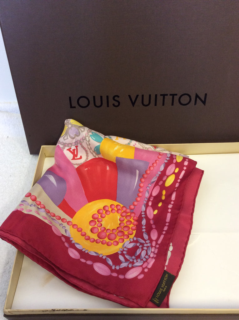 LOUIS VUITTON PINK & MULTI COLOURED FLORAL & BEAD PRINT SILK SCARF –  Whispers Dress Agency