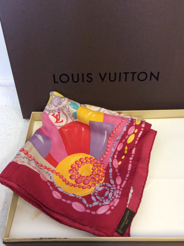 LOUIS VUITTON PINK & MULTI COLOURED FLORAL & BEAD PRINT SILK SCARF