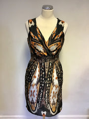 Star By Julien Macdonald Black, Ivory & Orange Print V Neck Dress Size 10
