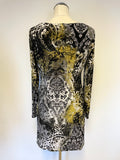 NINE WEST BLACK,GREEN & IVORY PRINT STRETCH LONG SLEEVE DRESS SIZE 8 UK 12