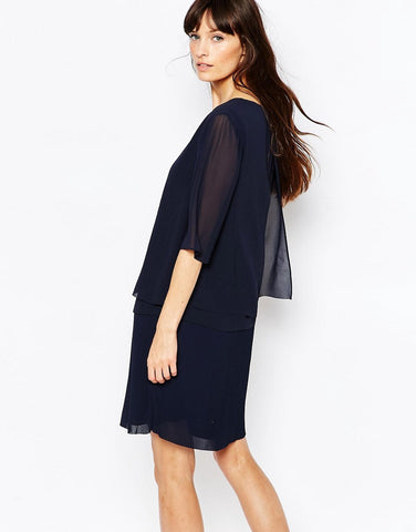 REISS NAVY BLUE PALMA LAYERED CHIFFON SHORT SLEEVE SHIFT DRESS SIZE 12