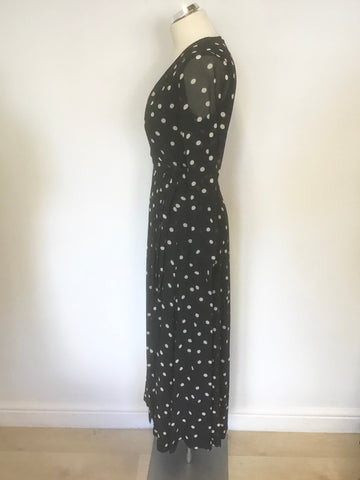 GANNI NAVY BLUE POLKA DOT LONG SLEEVE LONG WRAP DRESS SIZE 36 UK 8/10