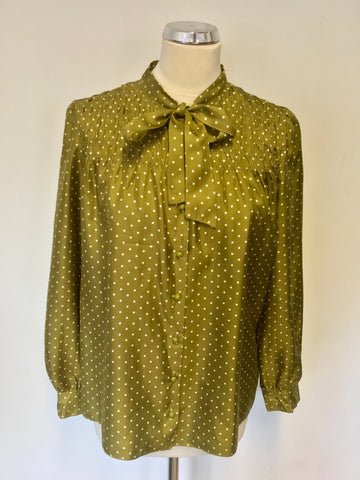 JIGSAW OLIVE GREEN SPOTTED SILK TIE BOW BLOUSE SIZE 12