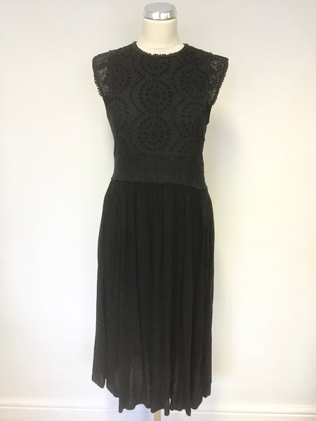 WHISTLES BLACK BROIDERY ANGLAISE & LACE TRIMMED CAP SLEEVE JERSEY FIT & FLARE DRESS SIZE S
