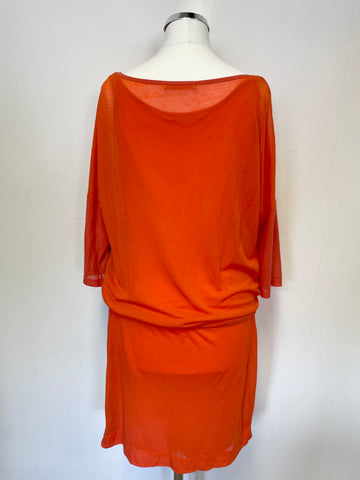 HUGO BOSS ORANGE PRINT DRAWSTRING WAIST SHORT SLEEVE SHIFT DRESS SIZE S