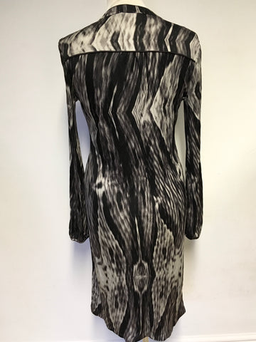 MINT VELVET BLACK,BROWN & GREY PRINT LONG SLEEVE STRETCH PENCIL DRESS SIZE 14