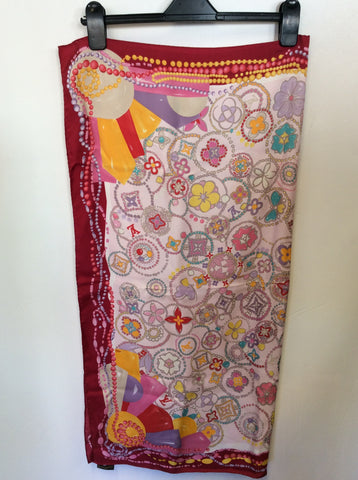LOUIS VUITTON PINK & MULTI COLOURED FLORAL & BEAD PRINT SILK SCARF